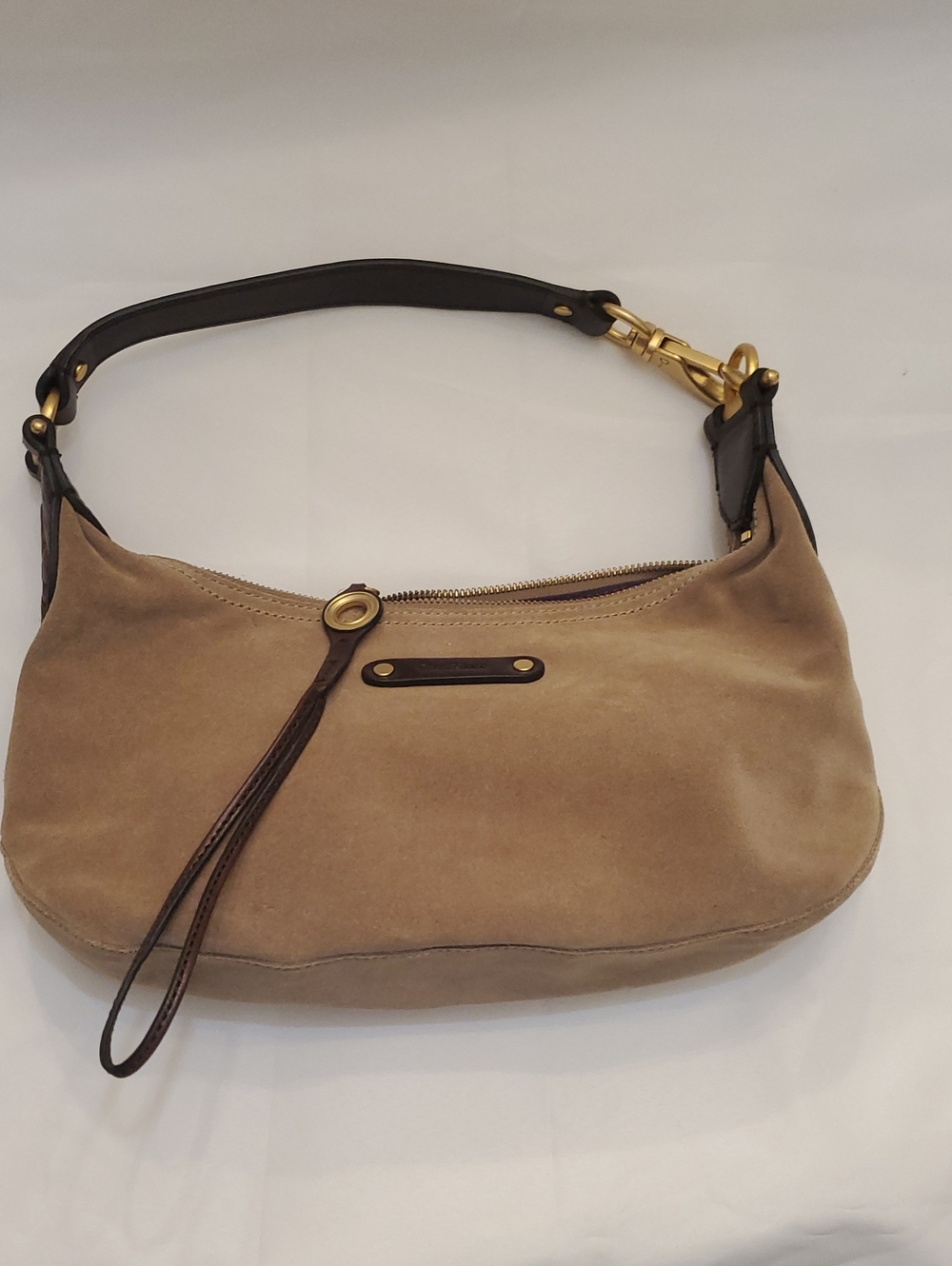 Cole Haan Suede Hobo Shoulder Bag Purse in Taupe with Dark Leather Trim
